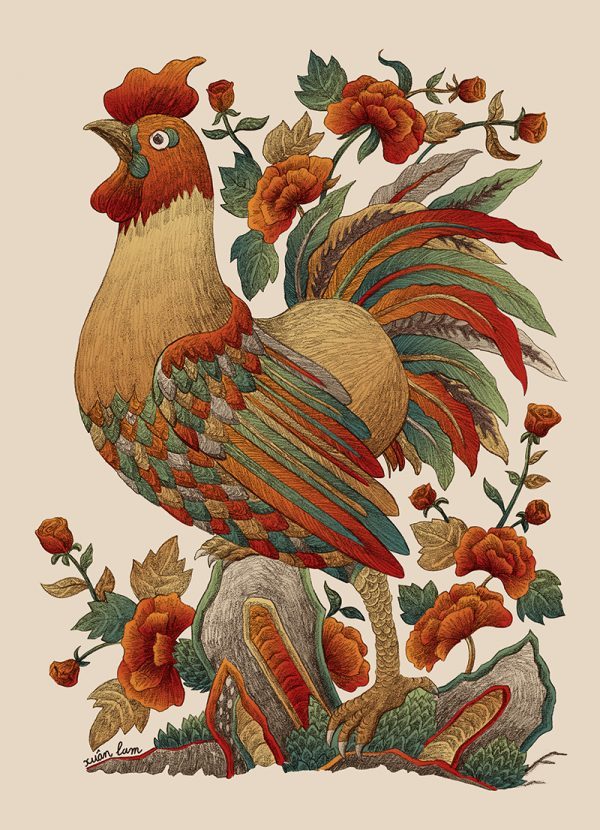 phongluudesign_creative_triển_lãm_dân_gian_xuân_lam_Gà_và_hoa_hồng